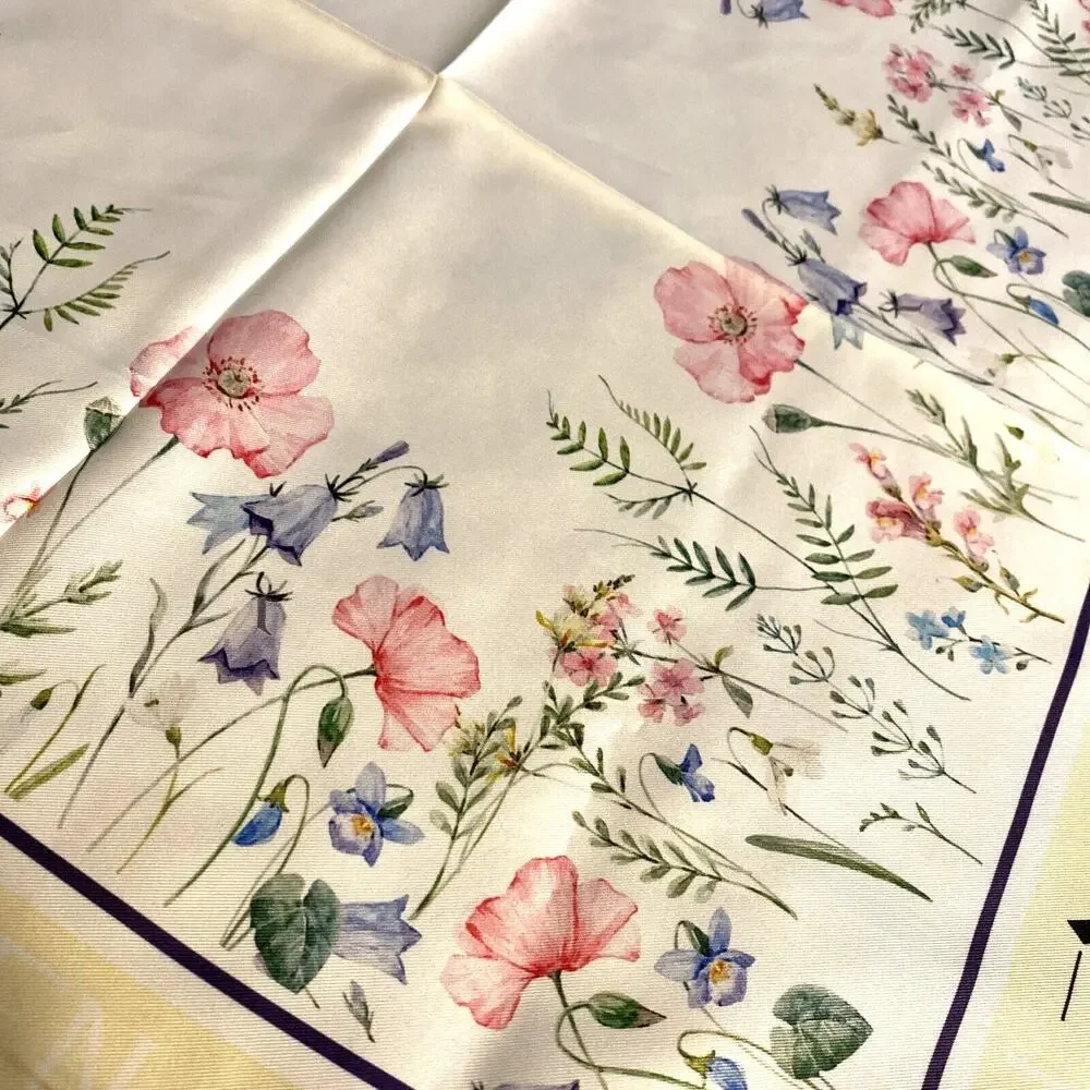 JFN Just Fashion Now silky square scarf floral motif blue yellow pink romantic